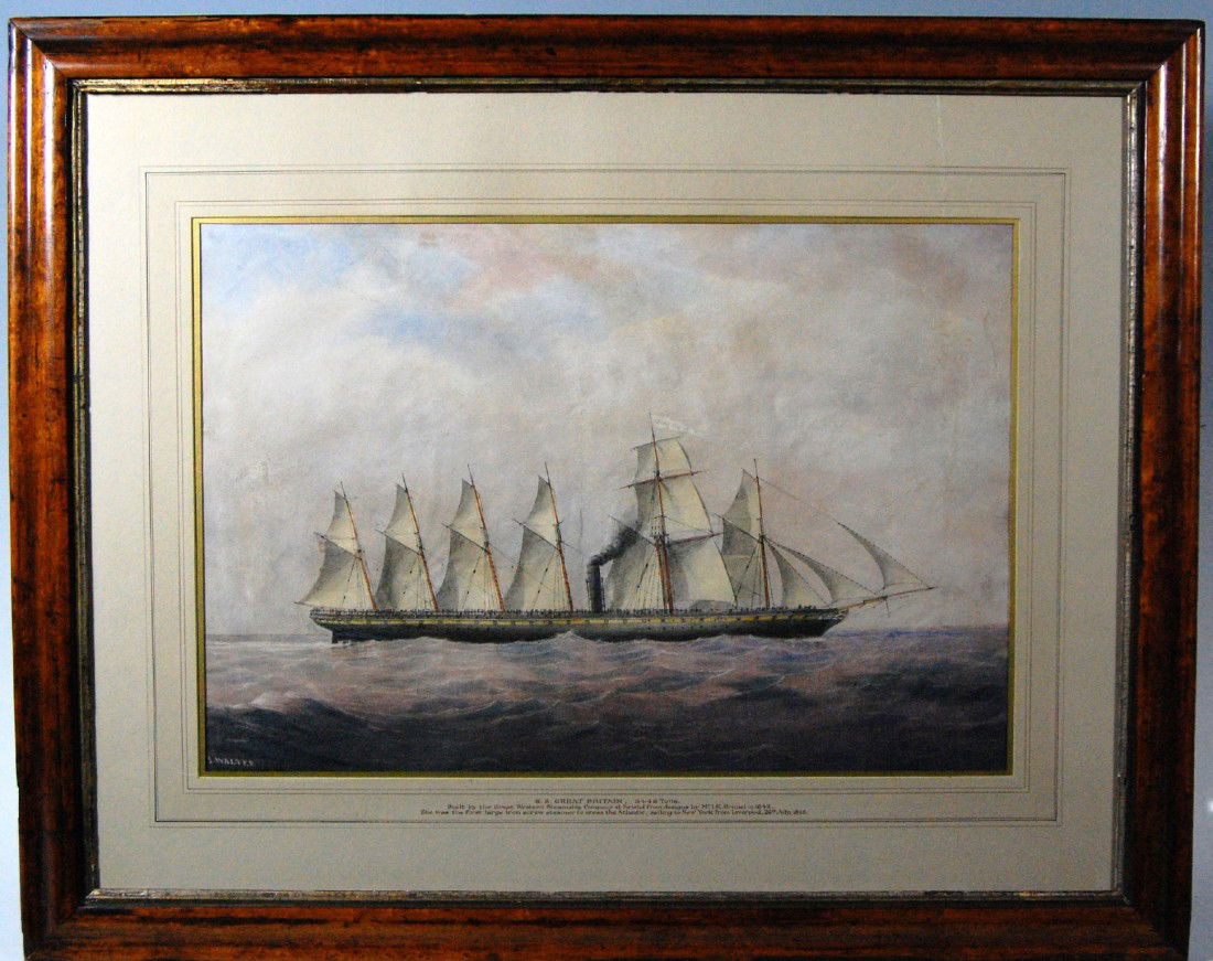 W/C Joseph Walter, S.S. Great Britain, 1846 Waterc: Watercolor and gouache on paper by Joseph Walter(British, 1783-1856). Portrait of the S. S. "Great Britain" under full sail and steam with numerous passengers seen on deck. A pennant flag with the nam