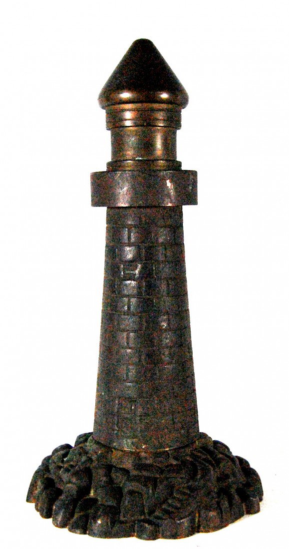 Lighthouse doorstop, bronze, Portsmouth, NH: Doorstop in bronze of the Portsmouth, NH lighthouse. More generally found as lamps than doorstops. C. 1920. Size:13" H x 5 1/2" W Weight: 1lb 15.8oz Condition: Excellent with great patina.