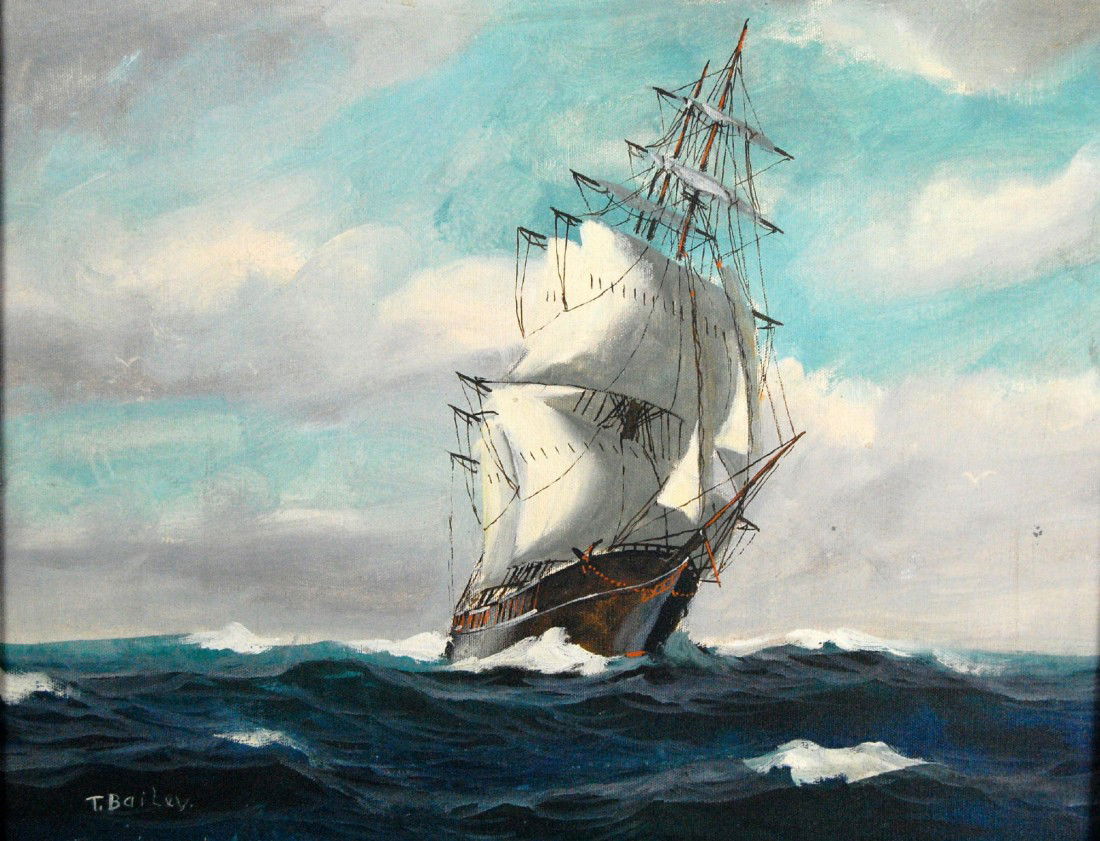 O/C Clipper, reduced sail, T. Bailey.: Oil on canvas of a clipper ship under reduced sail. Signed T. Bailey, c. 1940. Housed in a molded wood frame, possibly original. Work: 16 1/2" H x 19" W Frame:18 3/4" H x 22 1/4" W Weight: 3lb 15oz. B