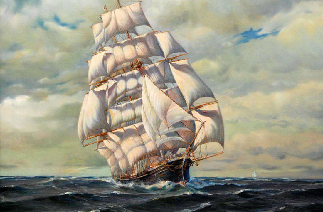O/C Clippership, J. W. Anthony, 1920.: Oil on canvas of a clipper ship signed J. W. Anthony and housed in the original carved frame in the style of Newcomb Macklin. Circa 1920 Work: 25 1/4" H x 30" W Frame: 28 3/4" H x 33 1/2" W Weight: 4l