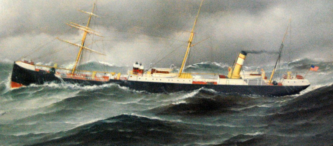 A. Jacobsen, "Christine", crude oil tanker, 1894.: Oil on canvas by Antonio Jacobsen of the Steamship "Christine" dated 1894. There is confusion about the beginnings of this ship. In "The Checklist" a "Christine" is listed as belonging to the Danish P