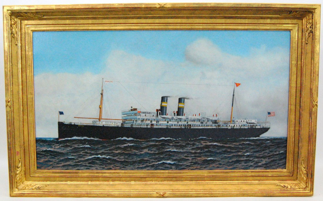 A. Jacobsen, "Brazos", 1913, NY to Puerto Rico.: Oil on board by Antonio Jacobsen, Danish/American, (1850-1921) portrait of the steamship " Brazos" of the New York & Puerto Rico Steamship Company. Displaying flags of its sobriquet and flying an Amer