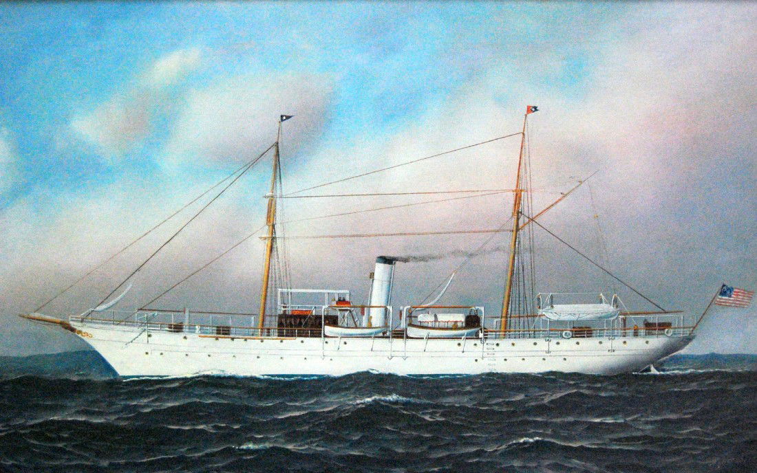 A. Jacobsen, NYYC, SY, "Columbia", 1901.: A. Jacobsen, NYYC, SY, "Columbia", 1901 Oil on canvas by Antonio Jacobsen, Danish/American,(1850-1921) of the Steam Yacht "Columbia". She is depicted flying the flags or burgees of the New York Yacht