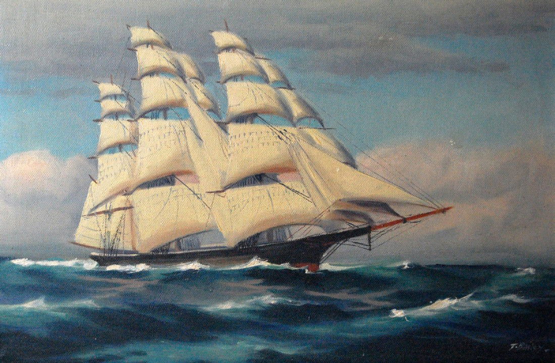 O/C Clipper Ship, T. Bailey.: Oil on canvas of a clipper ship under full sail, signed T. Bailey, c. 1930. Work: 13 1/2" H x 18 1/2" W Frame: 15" H x 20" W Weight: 1lb 11.6oz Condition: No restoration T. Bailey T. Bailey, the pseud