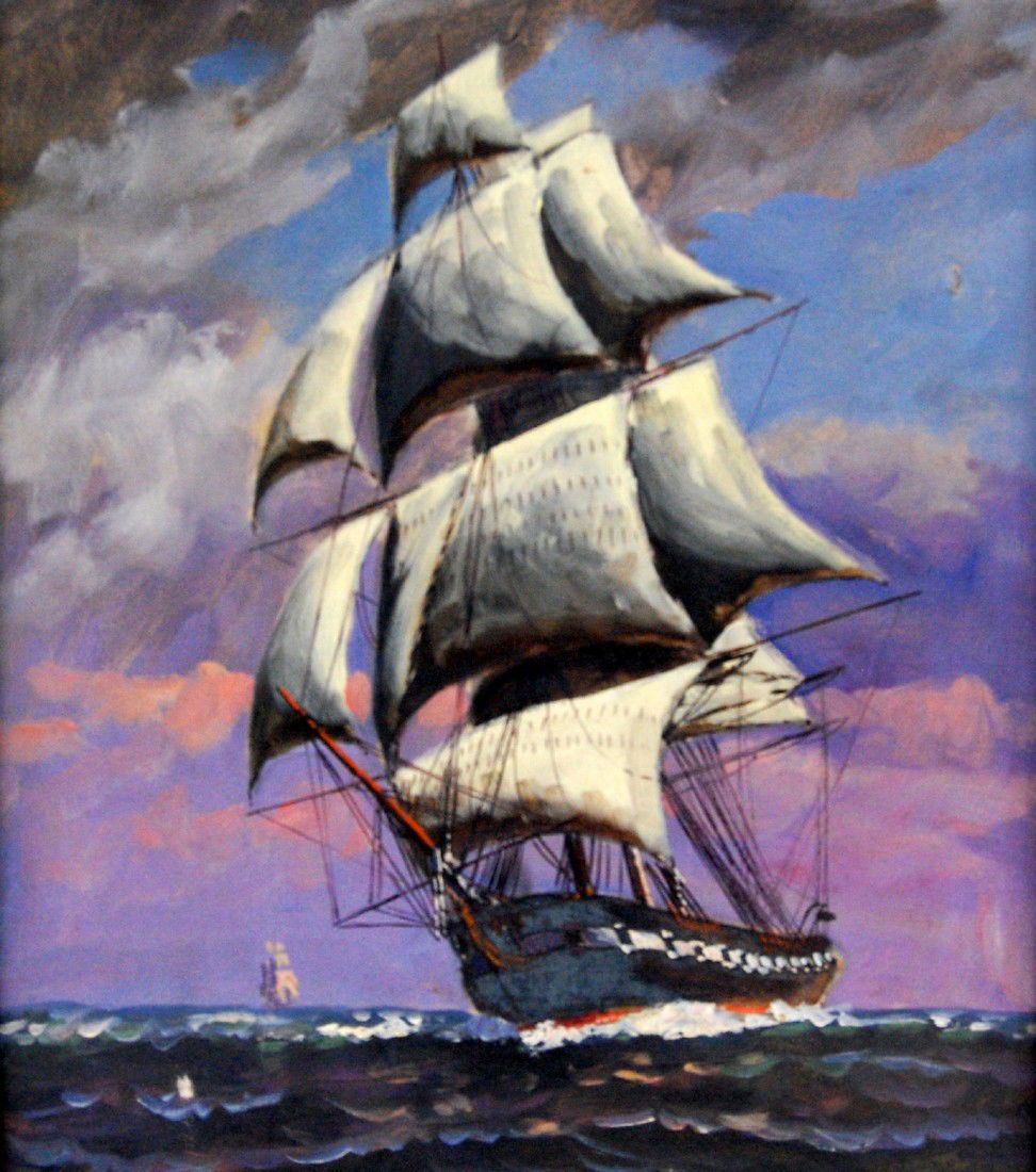 O/C, Brig under sail, T. Bailey.: Oil on canvas of a brig under sail with another in the distance. Signed T. Bailey, c. 1940. Housed in a frame from the period, possibly original. Work: 21" H x 17" W Frame: 24" H x 19 3/4" Weight: 3lb