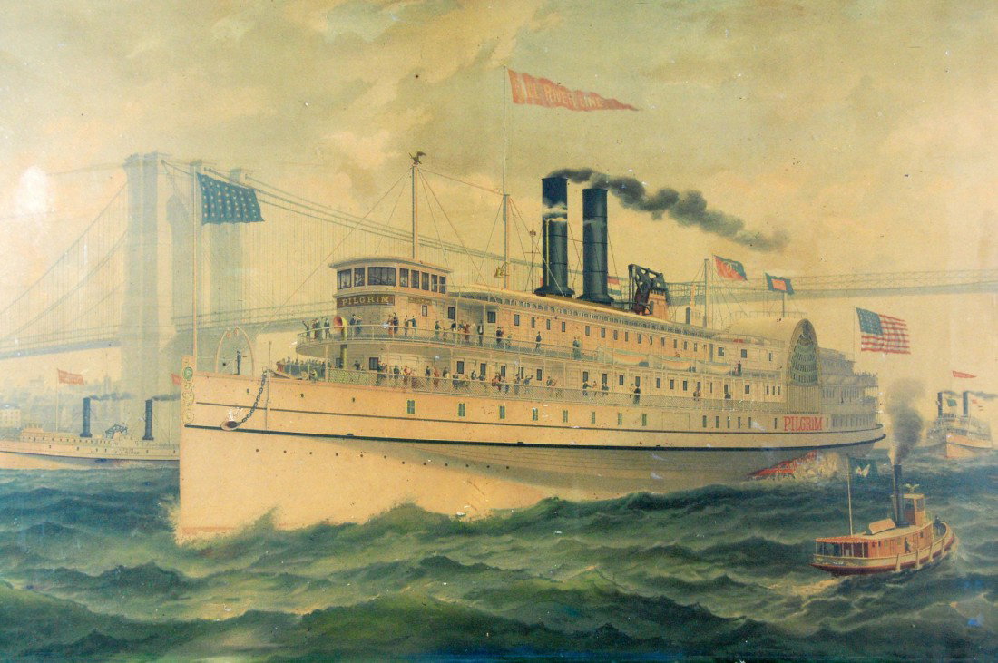 Chromolith. Steamship 'Pilgrim' Fall Rvr Line Chr: Chromolithograph Steamship 'Pilgrim' Fall River Line, original carved wood frame & under glass. Titled 'Mommoth Iron Steamer "Pilgrim" and beneath the title, 'Commander B. M. Simmons' On the left bott