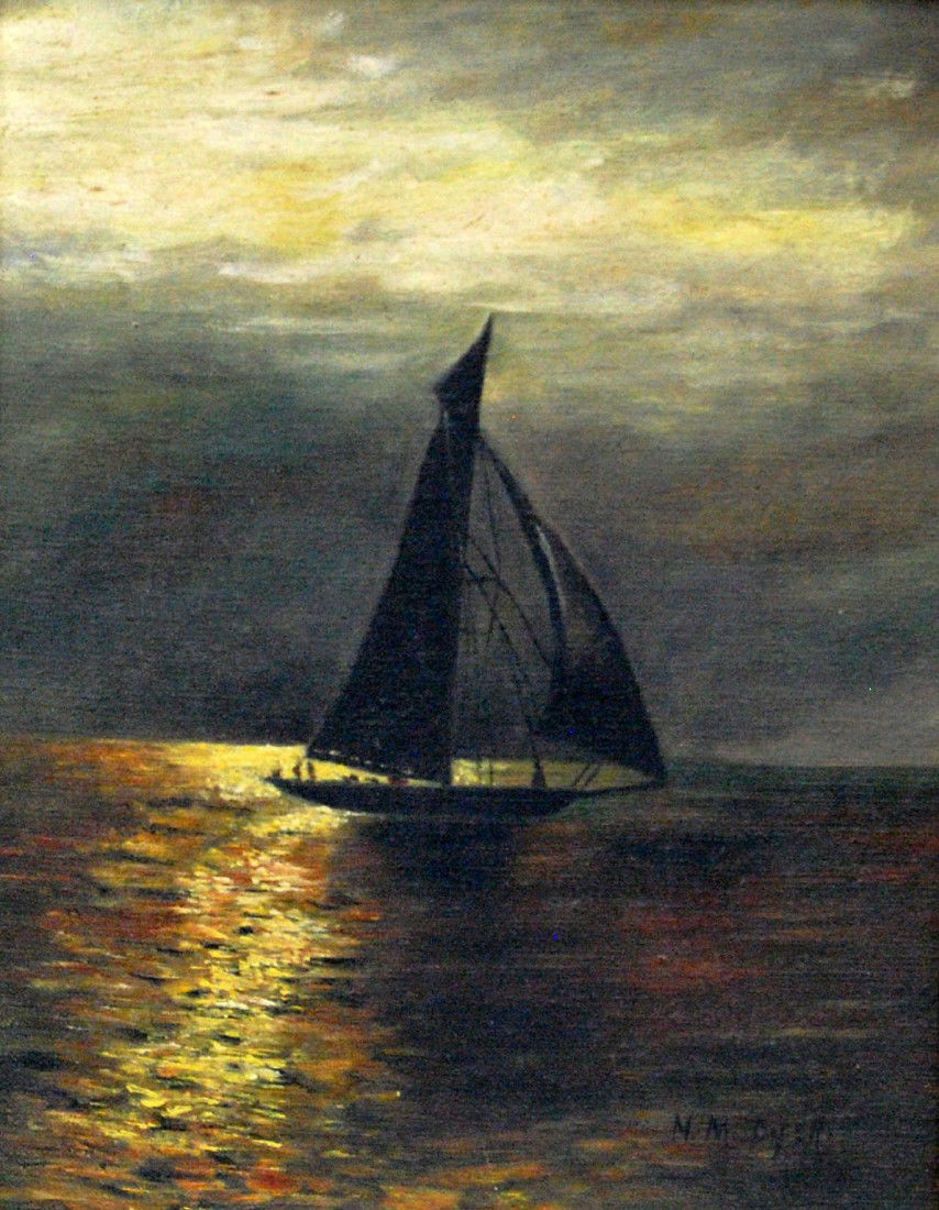 O/C, Sloop in the moonlight, N. M. Dyer Oil on can: Oil on canvas of a sloop under a moonlit sea. Signed N. M. Dyer and housed in the original gilded frame, c. 1890. A spurious label on the verso identifying the artist. Work:11 1/2" H x 9 1/2" W Frame: