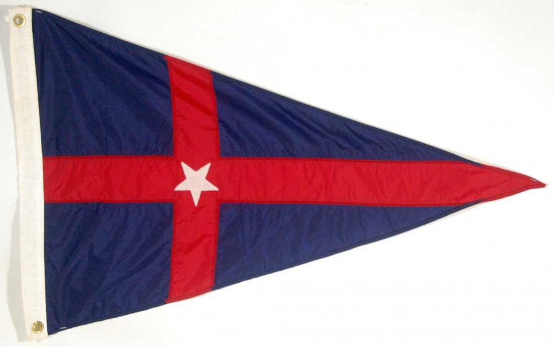 (3) Flags Suite of Richard L. Hatch Two yacht club: Two yacht club burgees and one house flag of Richard L. Hatch, philanthropist from Maine. 1. New York Yacht Club burgee made of nylon with appliques of red and white on a blue ground and marked Dura-L