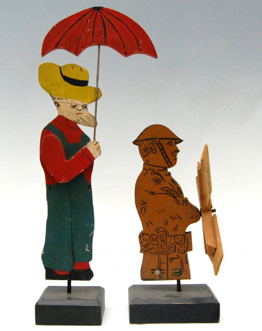 (2) Whirligigs wooden Soldier & Farmer, c. 1950's : (2) Whirligigs, wooden Soldier & Farmer, circa 1950's. Original paint surfaces. Size Soldier:11.75" H x 9.25" L Weight: 1lb Condition: Very good Size Farmer:19.25"H x 7" W Weight: 13.6oz Condition: So