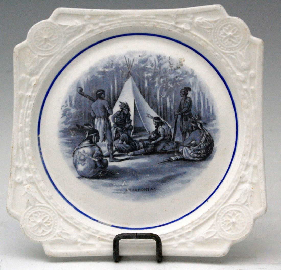 Two souvenirs Pocahontas, John Smith Plate decorat: Two souvenirs Pocahontas, John Smith Plate decorated with a scene of John Smith, native Americans and Pocahantas Marker marked on the verso with W. E. P. CO. for West End Pottery Company of East Liver