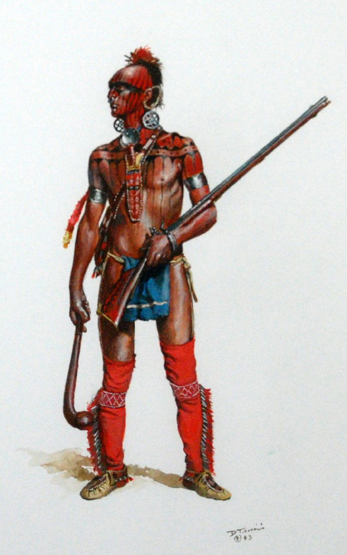 Gouache by Don Troiani, Eastern Woodland Indian Go: Gouache on paper by Don Troiani (American, born 1949) of an Eastern Woodlands Native American in traditional garb and carrying a flint lock rifle, stone club, knife in beaded sheath and gorget around