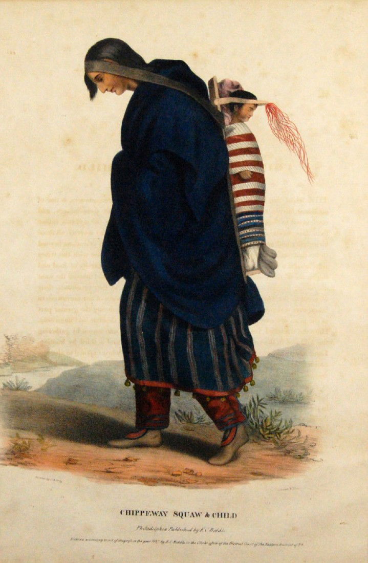 Lithograph, Chippeway, Squaw & Child, c. 1843: Hand colored lithograph of a Chippeway Squaw & Child published by E. C. Biddle, Philadelphia. From McKenney & Hall's informative folio on the Indian Tribes of North America. Frame: H: 21 1/4 x L: 12 1
