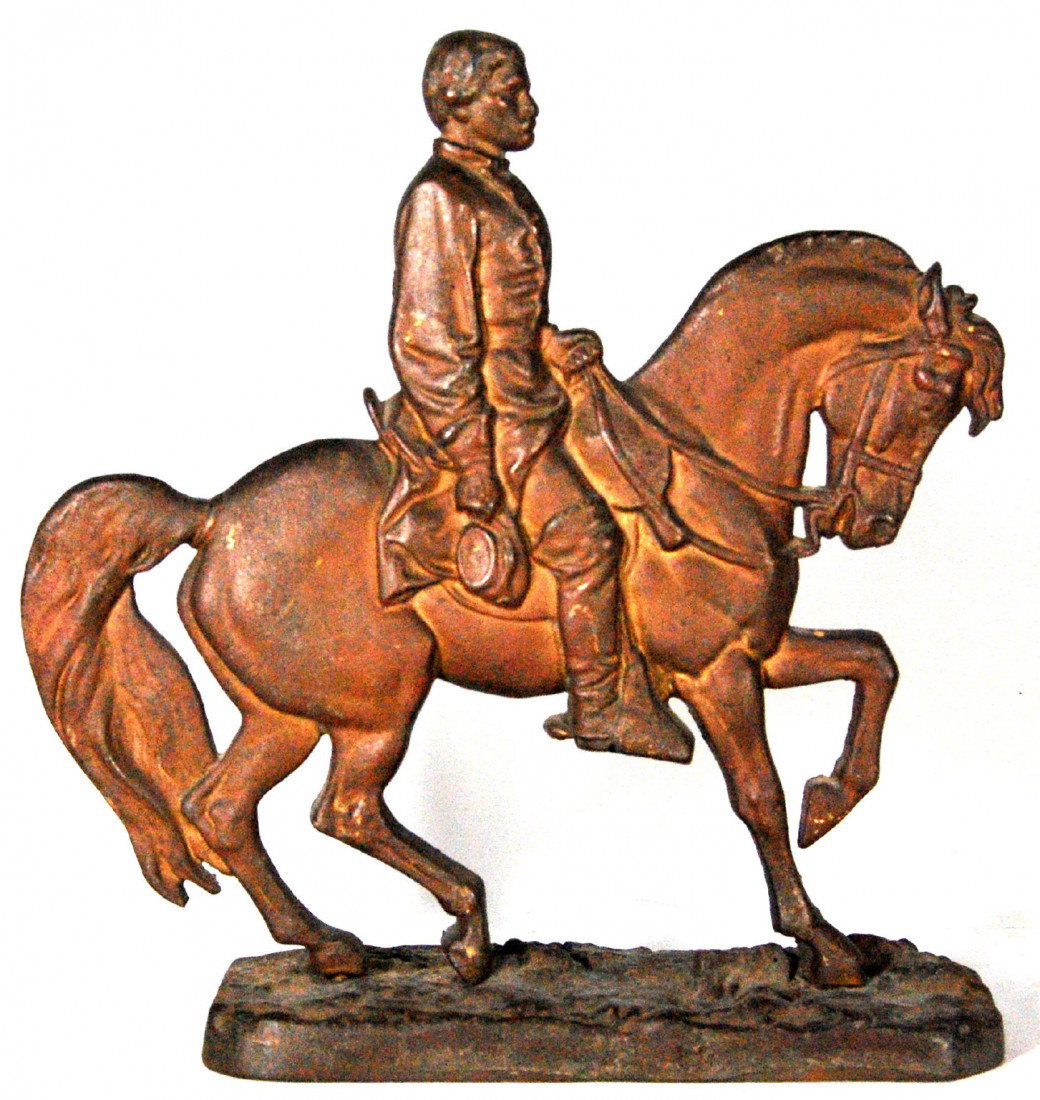 Gen. George McClellan doorstop Doorstop featuring: Doorstop featuring General George McClellan "Little Mac" on horseback holding reins in one hand and kepi in the other. Inspiration for this design likely came from the Harper's Weekly engravings of th