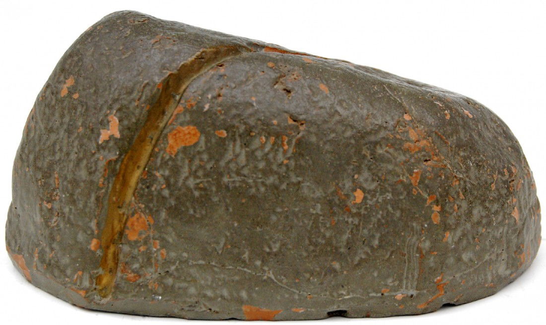 Bank, Plymouth Rock, redware w/paint: Bank with the date 1620 incise marked (as follows the post 1883 addition of carving the date, 1620, in the rock from paint on the rock) into the top to signify the Landing at Plymouth Rock. The unders