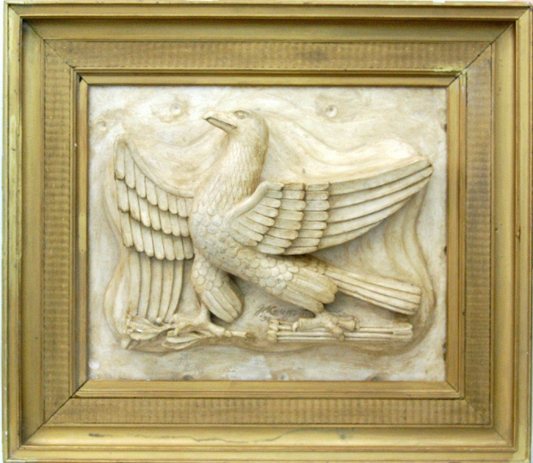 Eagle sculpture, plaster, J. A. Coletti, 1934 Plas: Plaster sculpture of an American eagle in the Art Deco taste. Incise signed by the artist John Arthur Coletti, Italian/American, (1898-1973) and dated 1934. Coletti lived in Boston, graduated Harvard,