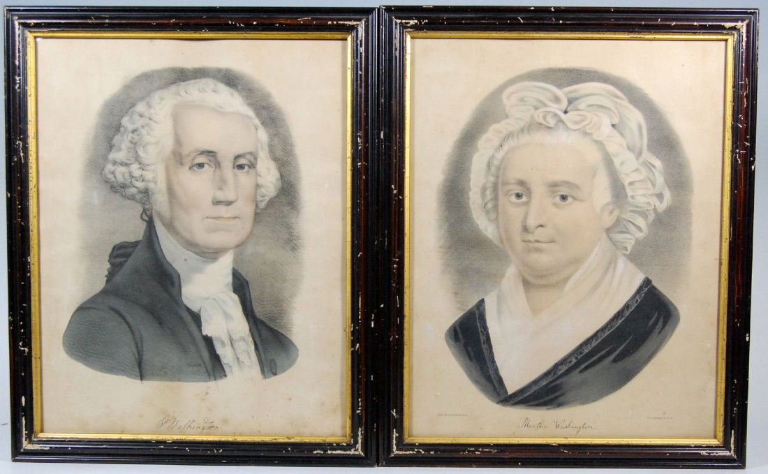 Pair Portraits George/Martha Washington, C & I Pai: Pair Portraits George & Martha Washington, Currier & Ives Prints - on the bottom of Martha's image reads: 'Pub'd By Currier & Ives. 152 Nassau St. N.Y.' Size Each Work: 15" H x 11 3/4" W Size Each Fra