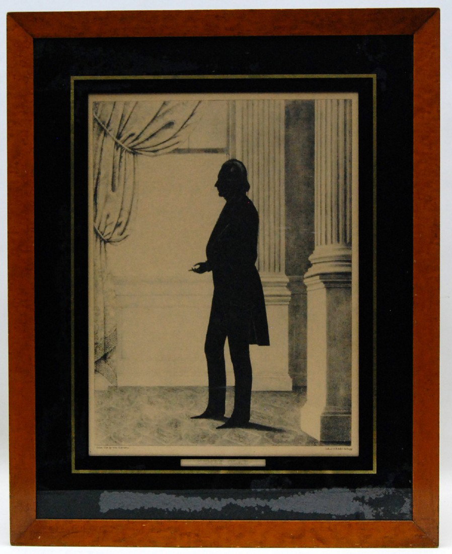 Litho, "Henry Clay", by Kellogg, orig frame Lithog: Lithograph full length profile of Henry Clay, from life by William H. Brown and lithographed by E.B. & E.C. Kellogg and titled Henry Clay. Original bird's eye maple veneered frame and eglomise mat wit