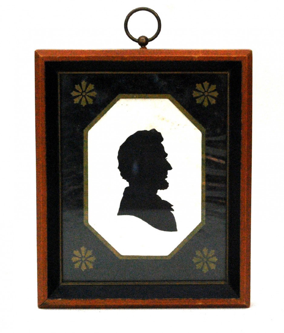 Lincoln Silhouette by Wallace Nutting Wallace Nutt: Wallace Nutting Abraham Lincoln silhouette manufactured by the company beginning in 1927. Housed in a natural finish frame with black interior edge, black and gold mat. Retains the original label of W