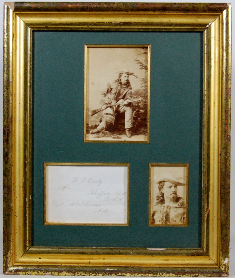 Buffalo Bill Cody signature, 2 photos, framed Two: Two albumen images of William F. "Buffalo Bill" Cody(1846-1917) and an autograph on lined paper with seal of Croton embossed in upper left corner. Presented in a 19th century gilt frame, green mat wit