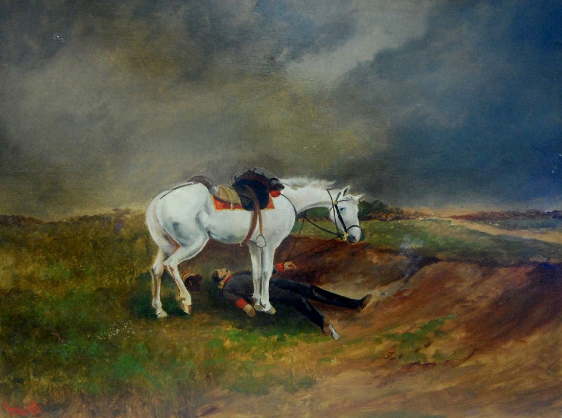 O/B by Stuart, ''Bon Ami" Oil on board by Alexande: Oil on board by Alexander Charles Stuart titled "Bon Ami" and depicts a fallen soldier with with his trusted friend overseeing his body. Retains the artist's colourman label of F. Weber, Philadelphia.