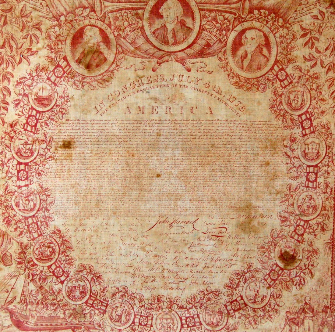 Textile printed 'Declaration of Independence' 1826: Cloth Broadside, Declaration of Independence Printed cotton textile "Declaration of Independence", illustrated in the book "Threads of History" page 72. Circa 1826. Portrait vignette of Washington app