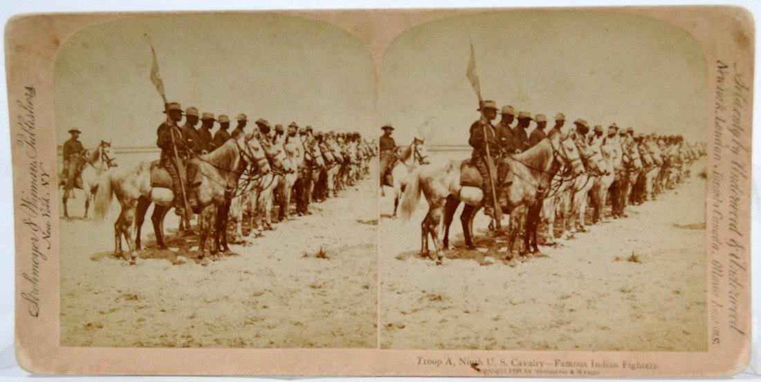 Buffalo Soldiers, Spanish-American War, Rare : Stereo Photo, Spanish-American War, Rare - Marked 'Troop A, Ninth U. S. Cavalry - Famous Indian Fighters, and famed Buffalo Soldiers. Copyright 1898 by Strohmeyer & Wyman'. The left-side border reads: