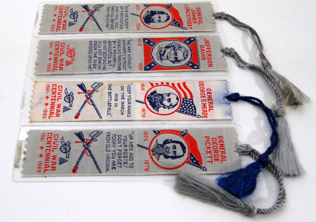 Silk Ribbons (4), C. W. Centennial, Generals Four: Four woven Centennial silk ribbons of leading Civil War figures including Confederate States President Jefferson Davis General James Longstreet and General George Pickett. Also includes Union General 