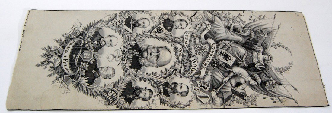 Silk Ribbon, Franco-Prussian War, 1870 Woven silk : Woven silk ribbon commemorating victory in the France-Prussian War of 1870. Portraits of the victorious leaders including Roon, Sachsen, Karl, Preussen, Bismark & Mottke. Size: 16 1/2" L x 6" W Condit