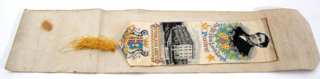 Stevengraph silk, Lord Leigh, Stoneleigh Woven sil: Woven silk ribbon by Thomas Stevens of the Right Honorable Lord Leigh, President(Masons) at Stoneleigh Abbey. Mounted on the original card with the impressed seal of Thomas Stevens , Royal Letters Pat