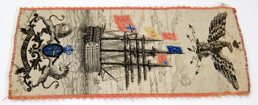 Silk Ribbon, H.M.S Wellington Woven silk ribbon co: Woven silk ribbon commemorating the H. M. S. Duke of Wellington flying the British, French and Greek flags and numerous men standing on the yard arms in celebratory fashion. Wellington noted on the st