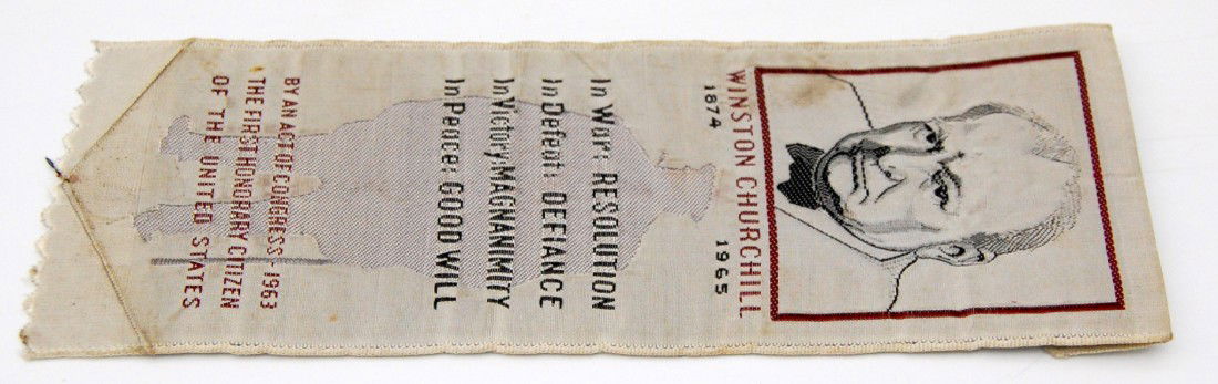 Silk Ribbon, Winston Churchill Woven silk ribbon c: Woven silk ribbon commemorating Winston Churchill(1874-1965) "The First Honorary Citizen of the United States". Manufactured by the National Woven Label Co. 444 Park Ave. So., New York. Size: 6 3/4" L