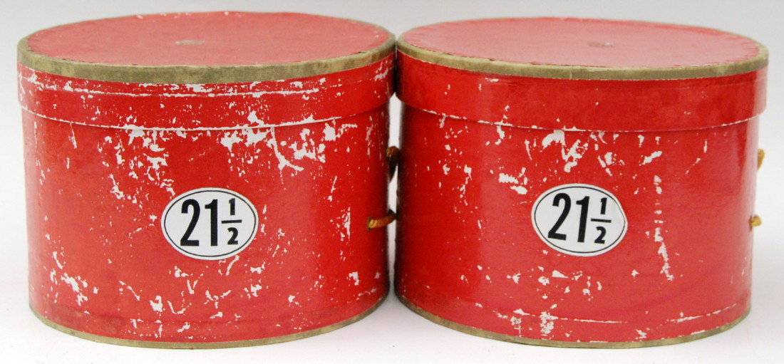 (2) Boxed Ladies Military (Marine) Hats (2) Boxed: (2) Boxed Ladies Woolen Military (Marine) Hats - with red tassel ties and in original red hatboxes with yellow cords. Both hats have tags indicating maker is Sam Bonk Uniform Cap Co., Inc. Hat size: 2