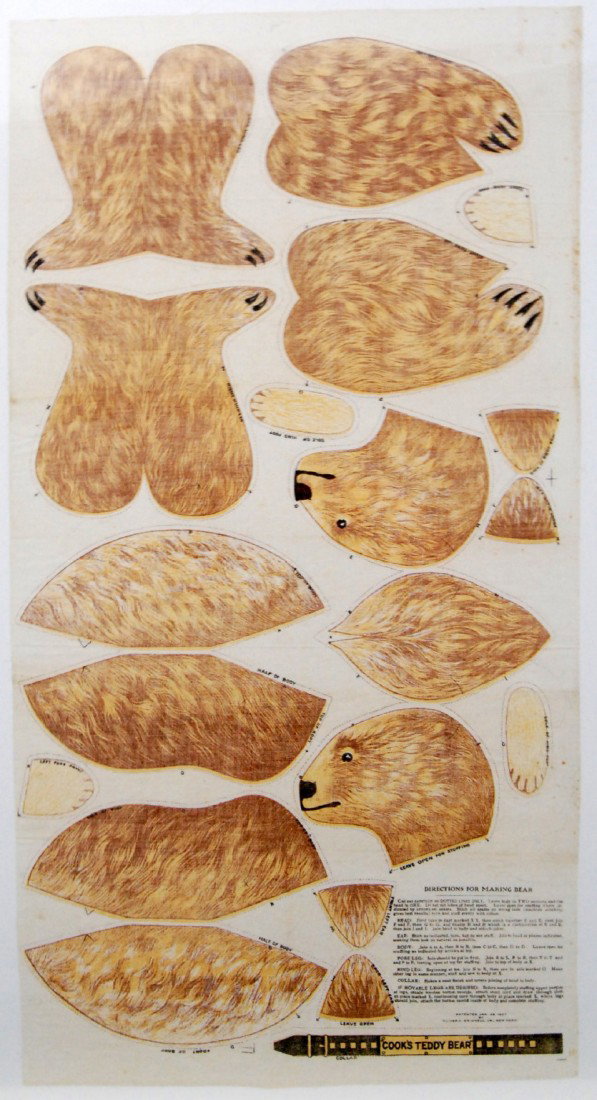 Pattern for Teddy Bear, D. 1907 Pattern for the ma: Pattern for the making of a Teddy Bear. Patented Jan. 28, 1907 by Oliver C. Grinnell, Jr., New York. Size: 18" H x 32" W Pattern: 30" H x 15 1/2" W Weight: 5oz Condition: Light toning and some minor s