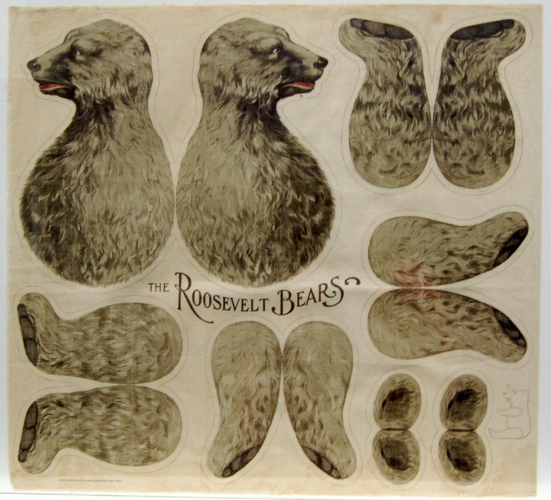 Pattern "Roosevelt Bears" C. 1907 Pattern for the : Pattern for the making of a Teddy Bear. Published by Selchow & Righter, New York. February 15, 1903 - Morris and Rose Michtom, Russian immigrants and owners of a toy novelty store in Brooklyn, New Yor
