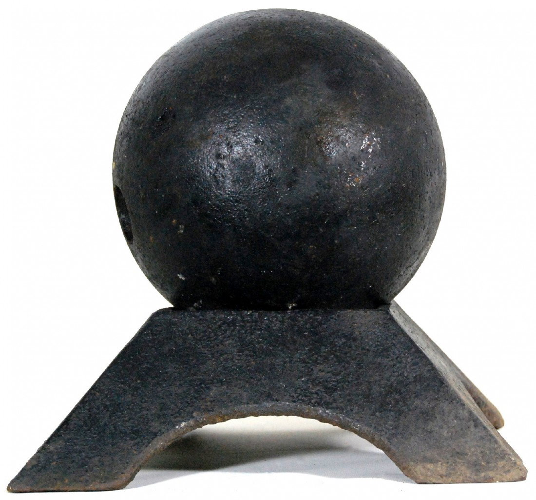 Cannon Ball w/Bannerman Stand, 9" Cannon Ball w/Ba: Cannon Ball w/Bannerman Stand, 9", likely a Dahlgren gun ball with a hole for a fuse. Currently mounted on a Bannerman base. Bannerman marketed cannon balls on these exact bases specially welded for a