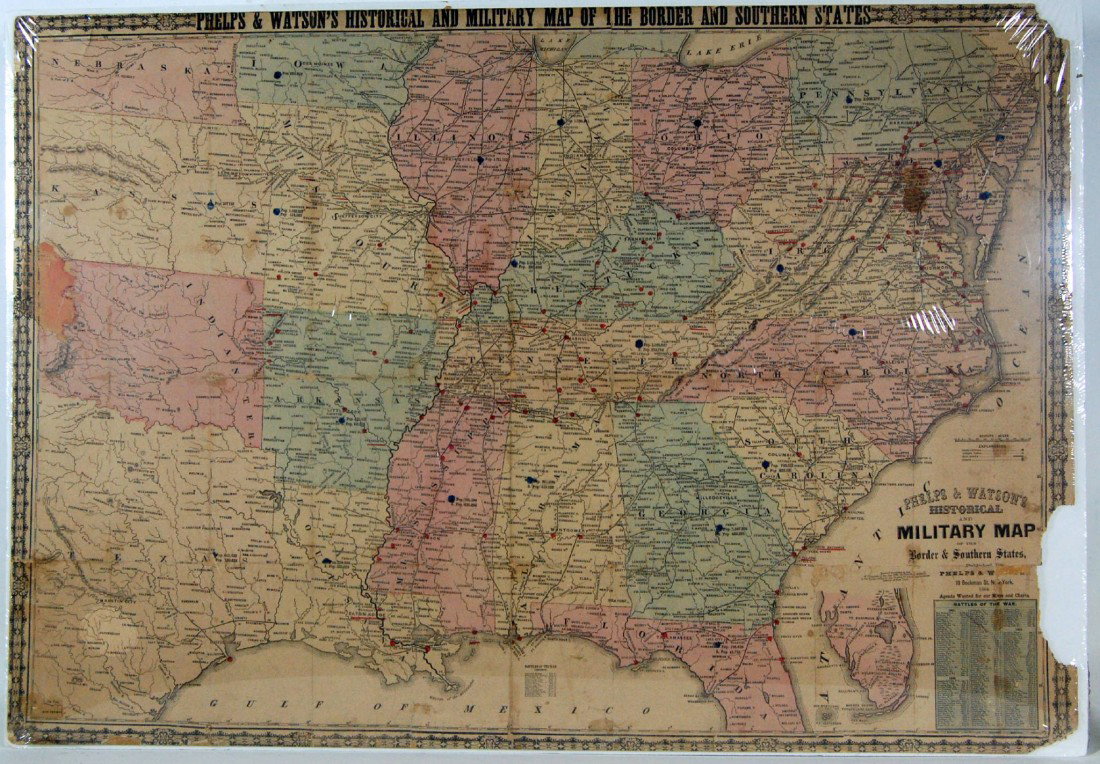 Map - Civil War Military, 1864, Phelps & Watson M: Map, entitled 'Phelps Watson's Historical & Military Map of the Border & Southern States'. Published by Phelps & Watson, 18 Beekman Street, New York 1864. Also features a list of 'Battles of the War',