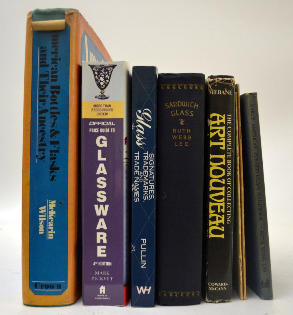 Books, 8 reference books on glass, bottles, flask: Books, 8 reference books on glass, bottles, flask - 1 & 2) Two paper price guide pamphlets 'Price Guide for Depression Glass, Book 1 (1970) & Book 2 (1971) by Sandra McPhee Stout; 3) 'Glass, Signature