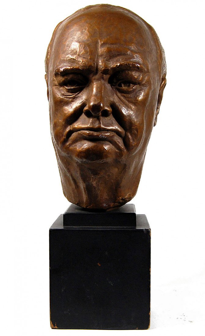Bust of Winston Churchhill, Leo Cherne 1963: Bust of Winston Churchhill signed Leo Cherne 1963, cast in plaster with bronze finish. Size: 3.75" x 3.75" x 12" Weight: 7lbs 2oz Condition: small chip on eyebrow and minor flaking on bottom of bottom
