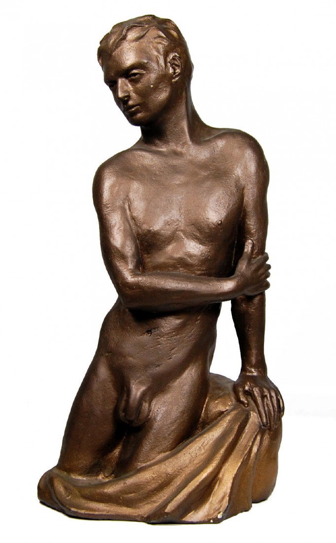 Sculpture male torso Marion Buchan: Sculpture of a nude male cast in plaster with a bronze finish and signed by Marion Buchan, Marion Buchan. Sculptor. Studies with Archipenko, a well known Denver artist and former head of the Sculpture