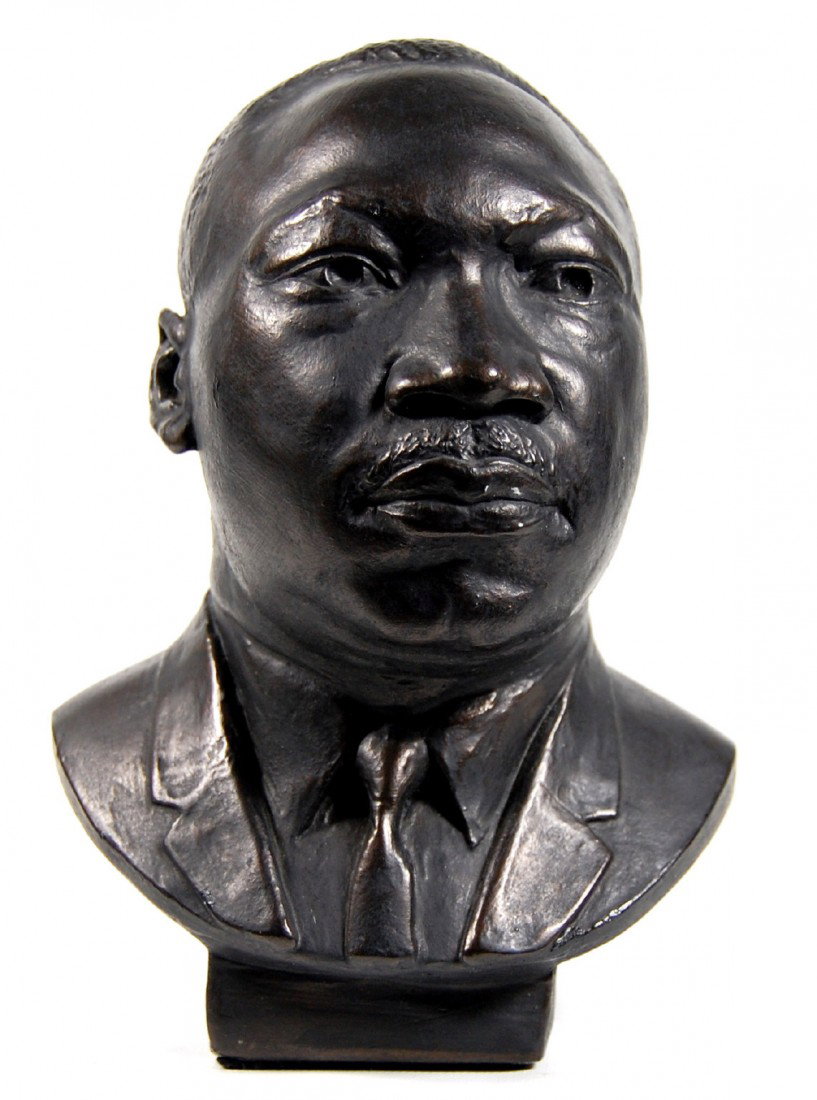 Bust Of Martin Luther King,1985 by Enos Frudakis: Bust of Martin Luther King, Jr., 1985, Copyright Enos Frudakis. Bronze finish on plaster. Frudakis has sculpted two figures of King in bronze for public display one in Chester, PA. and the other in th