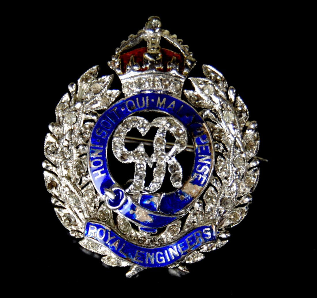 Sterling Silver, Diamond & Enameled Insignia Pin: Royal Engineers sweetheart pin 60 round cut and set diamonds & enamel dress insignia pin with initials 'GR'(George VI). " Honi Soit Qui Mal Pense". No maker's mark. Dates to c. 1945. Size: 1.25" D Wei