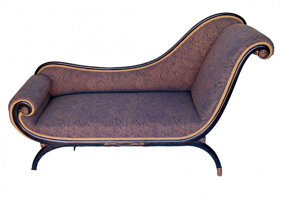 Recaimer/Chaise, Reupholstered, ebonized 19th C: Napoleon III French Empire recamier or chaise, in ebonized wood frame with spring cushioned base, reupholstered in a paisley and floral blue and gold fabric. Circa 1890. Size: H. 37.5 W. 60 D. 23" Wei