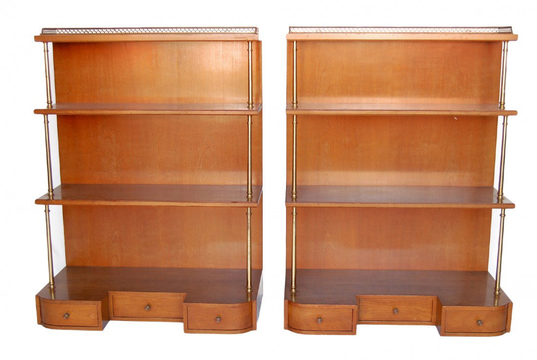4 pcs., 2 Commodes with 2 open hanging shelves: Pair of commodes with matching open hanging shelf toppers, four pieces in all. Constructed of maple with oak secondary wood. In the Biedermeier style, retaining the original labels of Charak Furniture