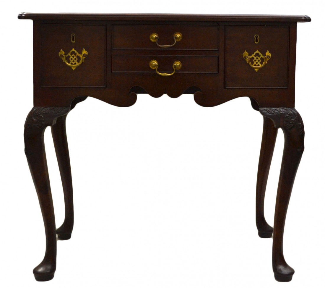 Lowboy, Carved Corners, 4 drawers, c. 1790: Lowboy, Mahogany with oak secondary wood, carved corners and molded edge, 4 drawers, cabriole leg features nicely relief carved knees. British, c. 1790. From the estate of Arthur Connolly. Size: H. 29