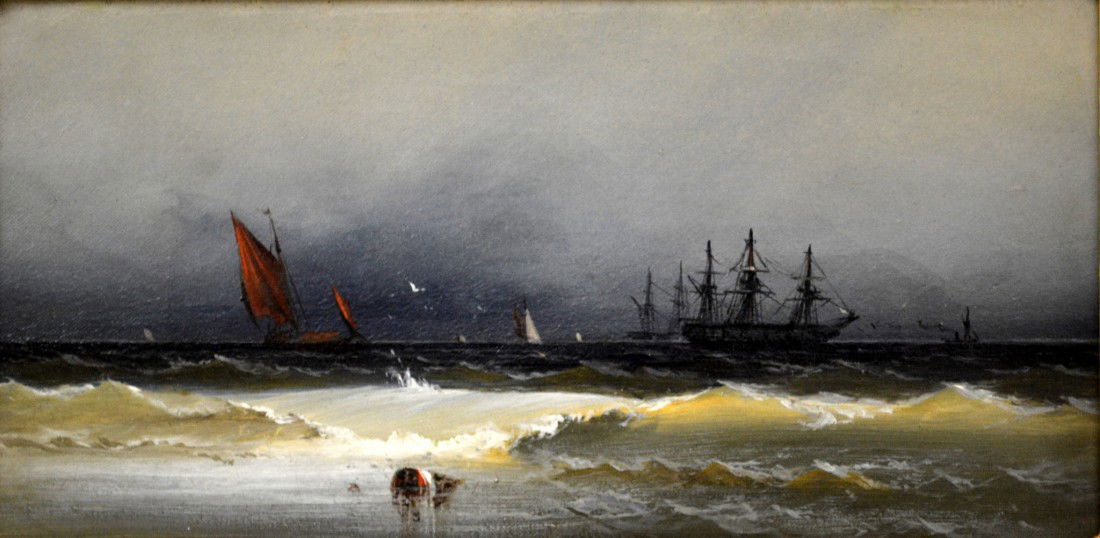 O/C Frigate & Other Vessels James Hamilton 1865: O/C Frigate & Other Shipping, James Hamilton, 1865. Signed and dated by the artist on verso, and inscribed to an unknown recipient. Painting is in a original Hudson River style gold gilt frame and bot