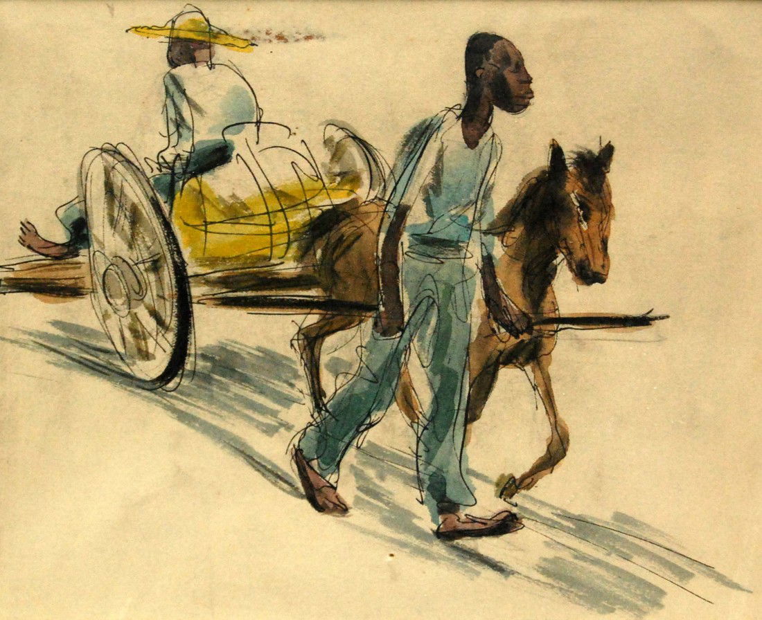 Watercolor, Baer, Howard #4, 'Headed Home': Fine ink & watercolor painting by Howard Baer illustrating an African-American man leading a mule cart with another man riding on the back. In a matte and covered with protective plastic. Size: 10.25"