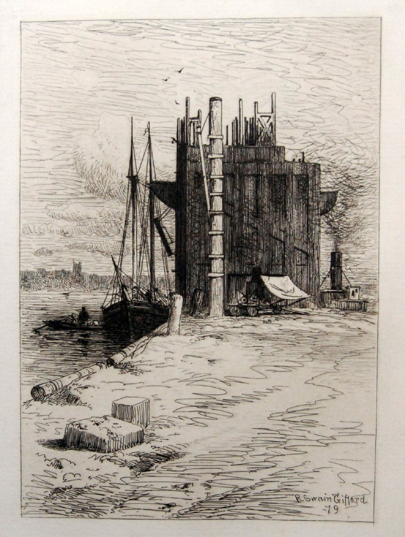 Etching, R. Swain Gifford, New England Waterfront: Etching by Robert Swain Gifford (American 1840-1905) The subject is a New England waterfront. Size Etching:12.25 " H x 9.25" H Size Frame: 13 11/16" H X 10.75" W Weight: 1lb 8oz Condition: Excellent R