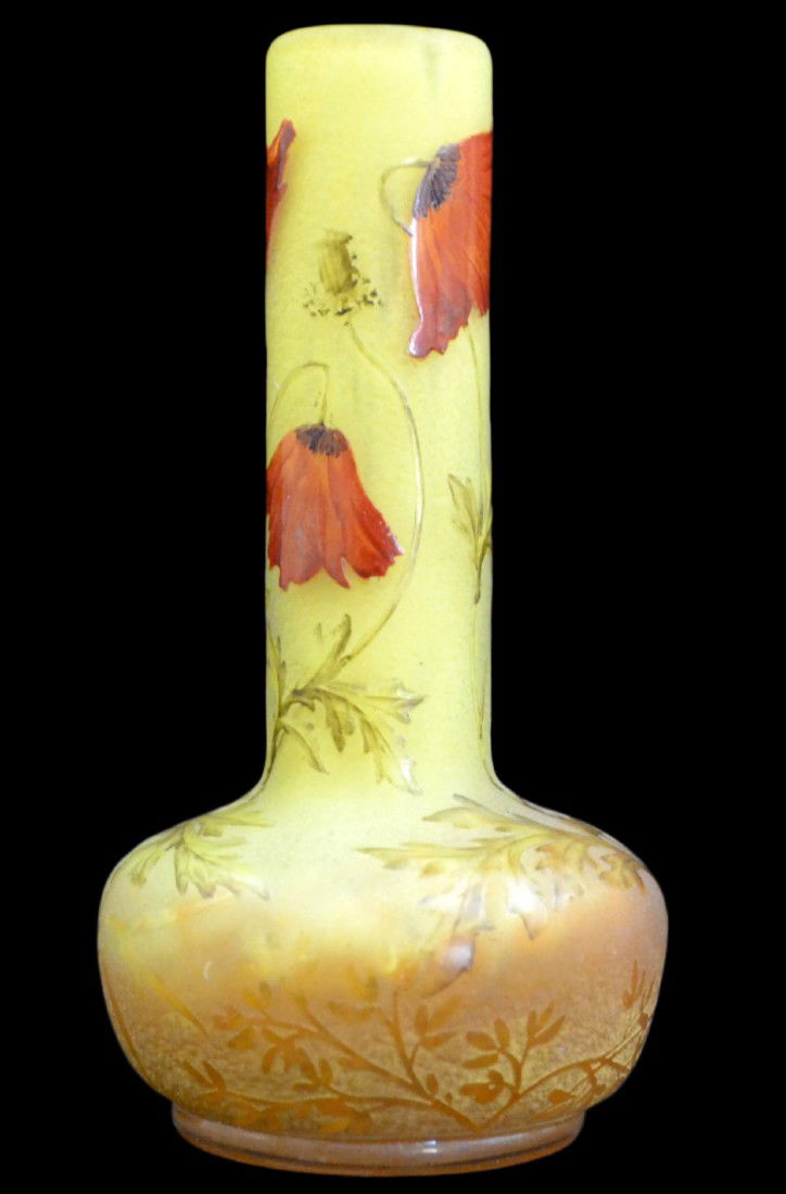 Vase, Daum Nancy, Red Poppy, 4-7/8" H: Vase, Daum, Nancy, enameled glass, red poppy design on acid yellow base, signed. Size: 4-7/8" H x 2.5" diameter base Weight: Condition: Excellent Daum is a crystal studio based in Nancy, France, found