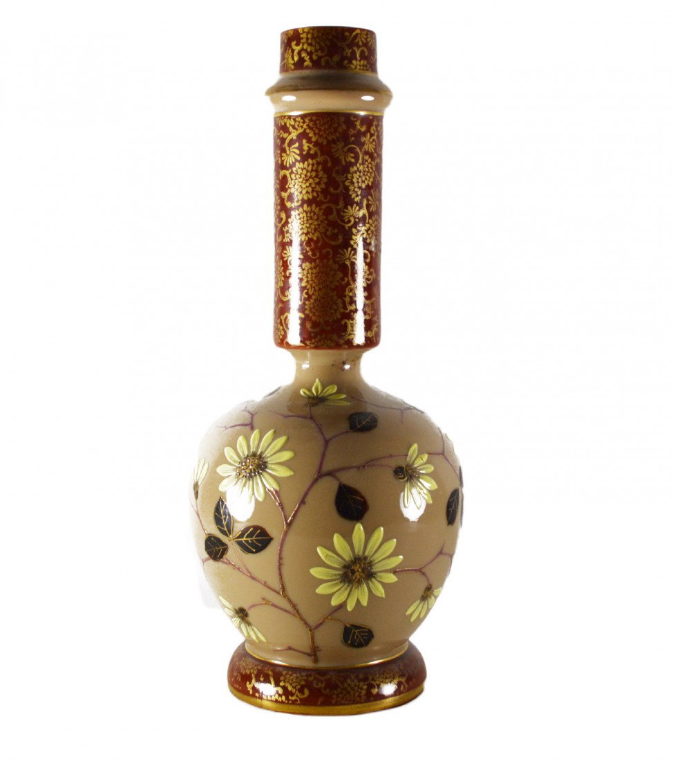 Vase, Bristol ware w/ painted floral Asian decor: Vase, possibly Bristol ware with painted floral Asian decorations, flowers and leaves with gold edging, no markings on bottom, a beautiful vase regardless of origin. Size: H. 13" x L. 6" Weight: 1lb 8