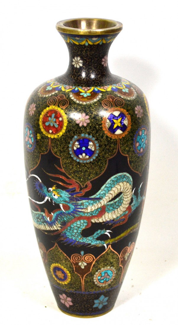 Vase, Cloisonne with 3 toe dragons, black, ornate: Vase, Cloisonne with dragons - black background, design with 3 toe dragons, blue and brown, engaged in combat. Historically, the dragon was the symbol of the Emperor of China. In the Zhou Dynasty, the